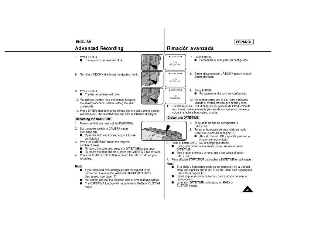 Samsung SCL650, SCL630 manual Recording the DATE/TIME, Grabar una DATE/TIME 