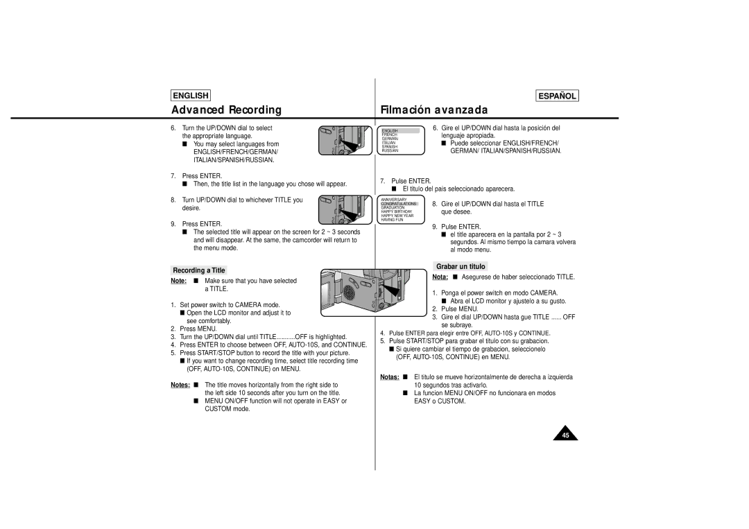 Samsung SCL650, SCL630 manual Recording a Title, Grabar un titulo, English/French/German Italian/Spanish/Russian 