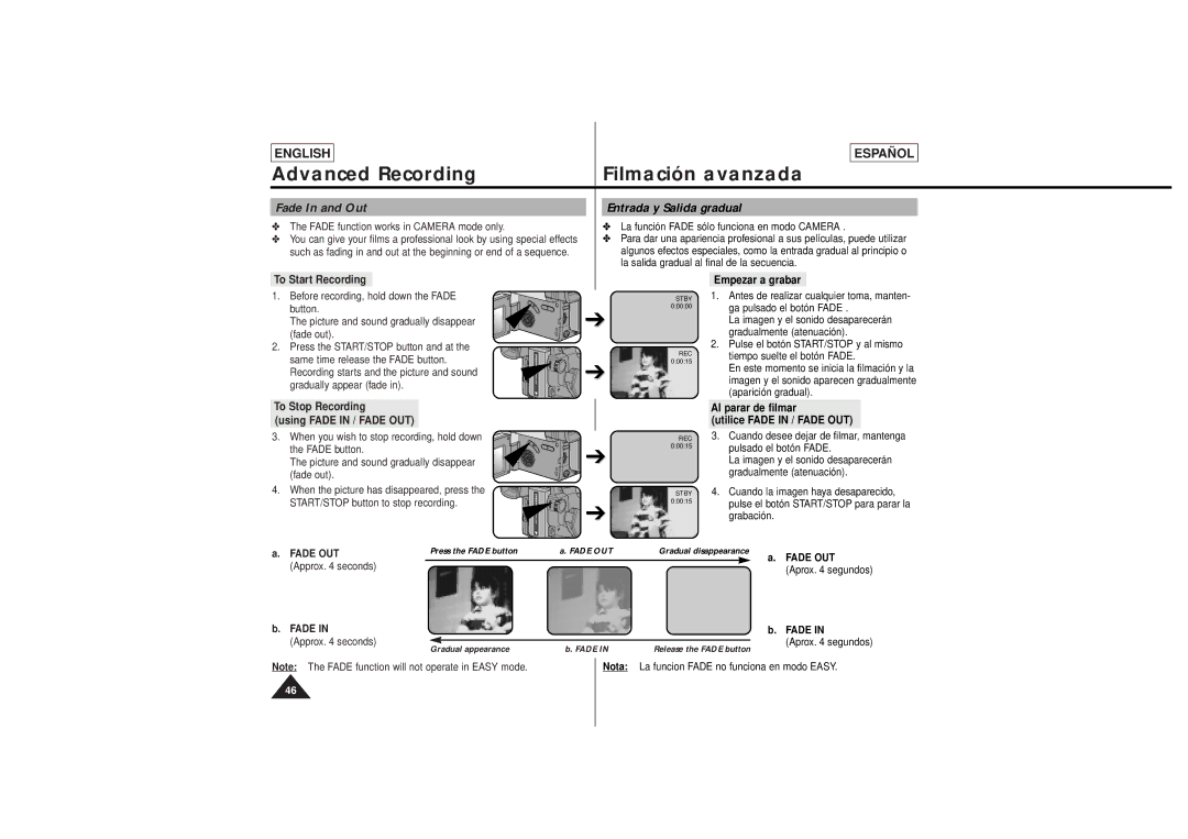 Samsung SCL630, SCL650 manual Filmación avanzada, Advanced Recording, Fade In and Out Entrada y Salida gradual 