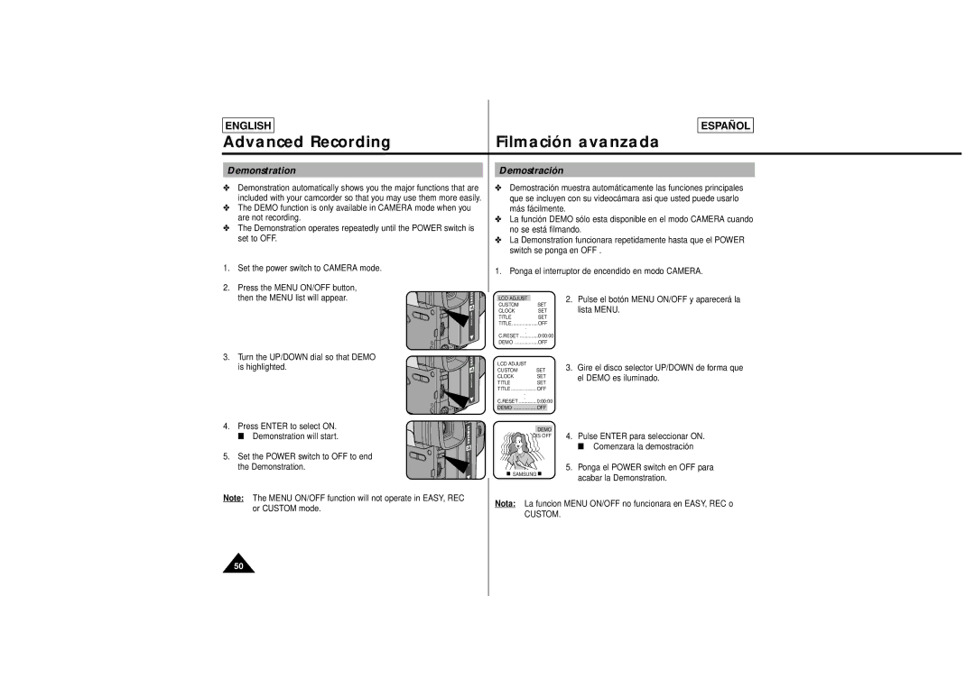 Samsung SCL630, SCL650 manual Demonstration Demostración, Turn the UP/DOWN dial so that Demo is highlighted 