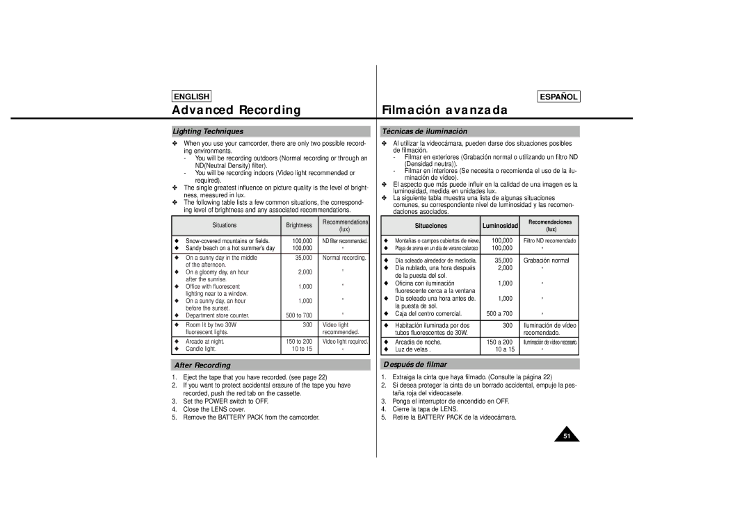 Samsung SCL650, SCL630 manual Lighting Techniques, After Recording, Técnicas de iluminación, Después de filmar, Situaciones 