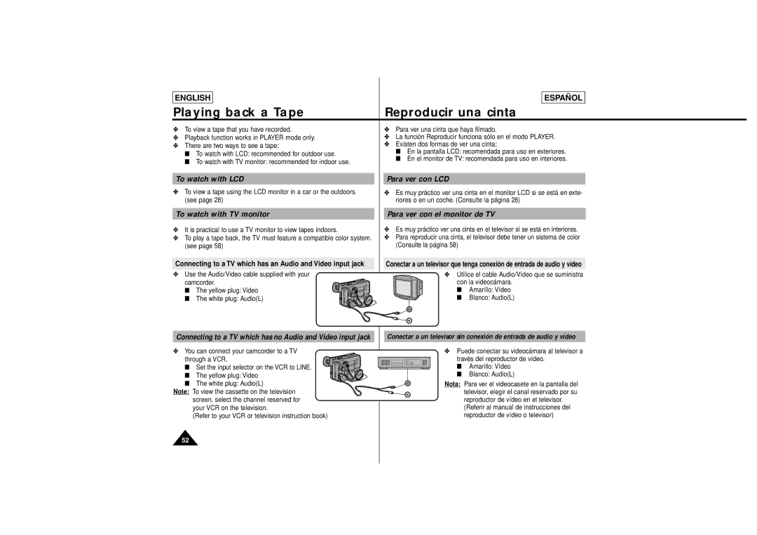 Samsung SCL630, SCL650 manual Playing back a Tape Reproducir una cinta, To watch with LCD Para ver con LCD 