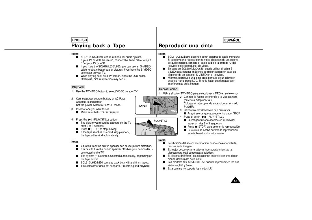 Samsung SCL650, SCL630 manual Playback Reproducción, En caso de SCL610/L630/L650, puede utilizar el cable S, Player 