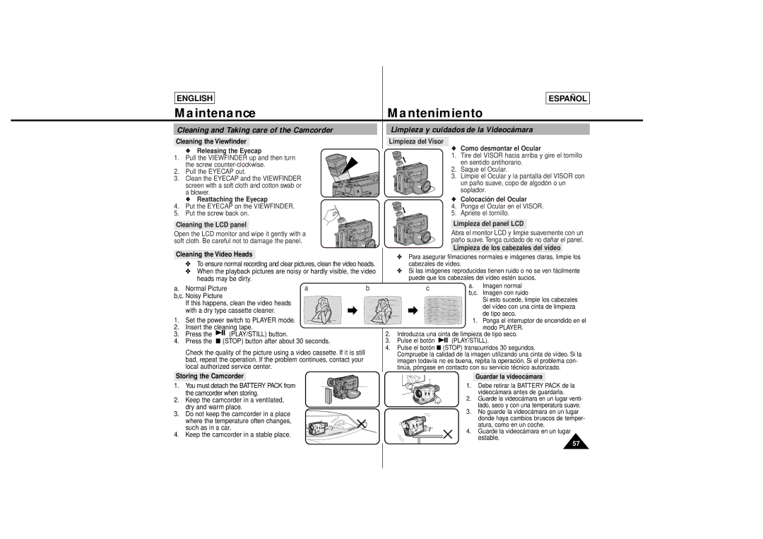 Samsung SCL650, SCL630 manual Maintenance, Mantenimiento, Cleaning and Taking care of the Camcorder 