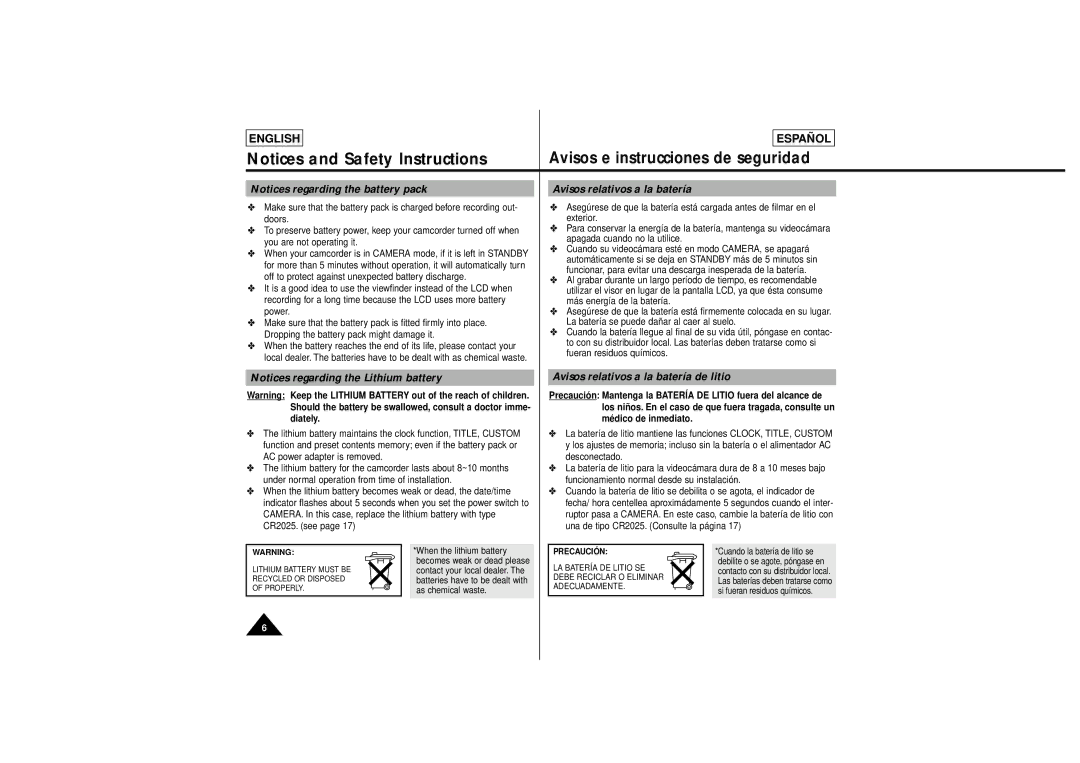 Samsung SCL630, SCL650 Avisos relativos a la batería de litio, Automáticamente si se deja en Standby más de 5 minutos sin 