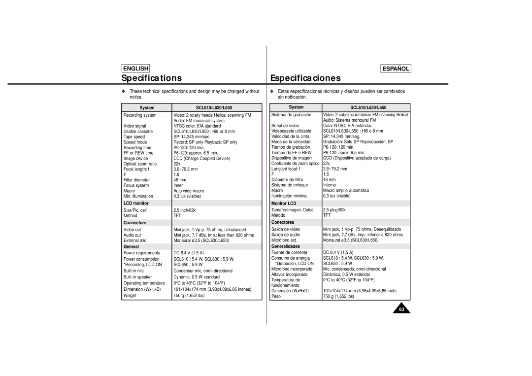 Samsung SCL650, SCL630 manual Specifications, Especificaciones 