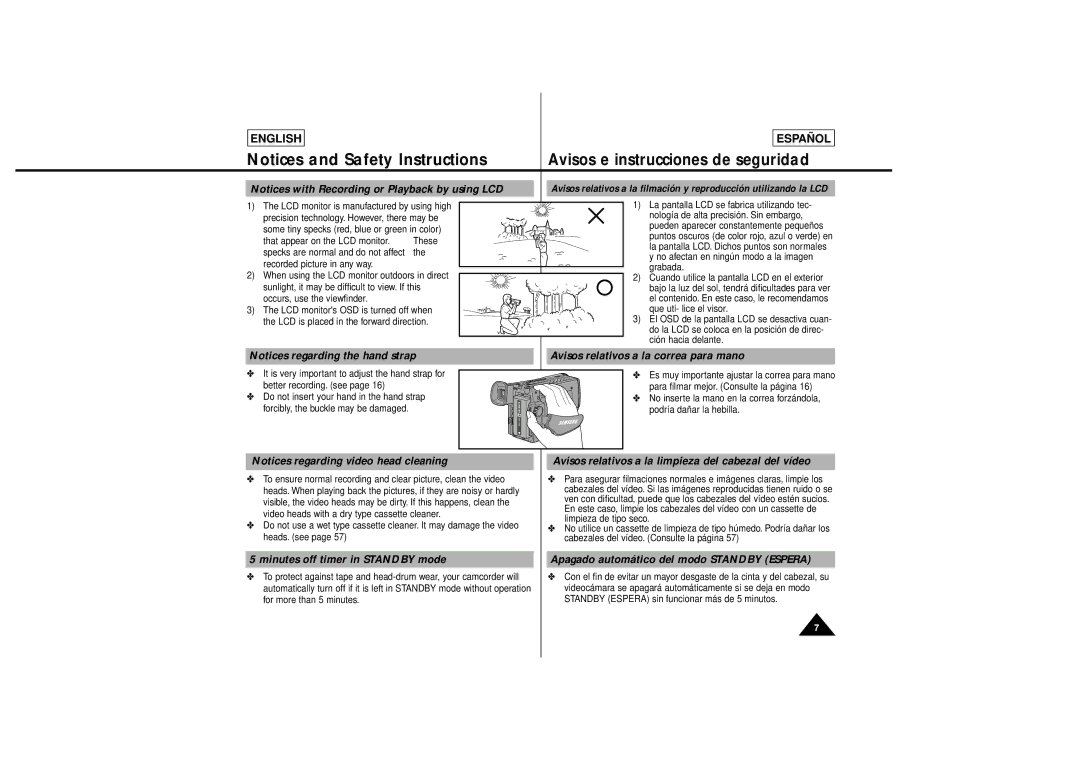 Samsung SCL650, SCL630 manual Avisos relativos a la correa para mano, Minutes off timer in Standby mode 