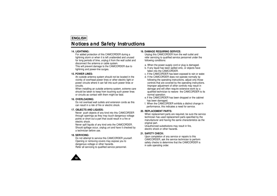 Samsung SCL710 Lightning, Power Lines, Overloading, Objects and Liquids, Servicing, Damage Requiring Service, Safety Check 