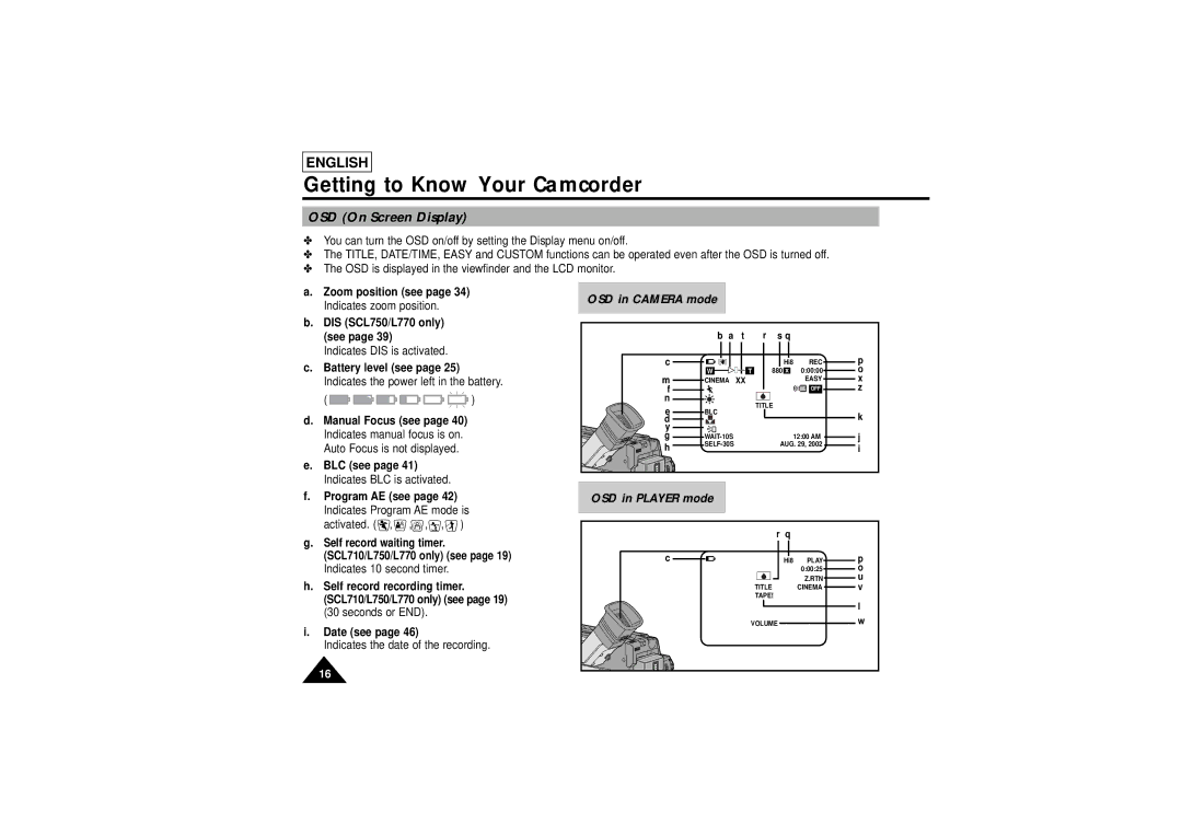 Samsung SCL750, SCL770, SCL710, SCL700 manual OSD On Screen Display 