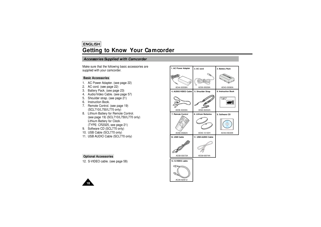 Samsung SCL710, SCL750, SCL770, SCL700 manual Accessories Supplied with Camcorder, Basic Accessories, Optional Accessories 