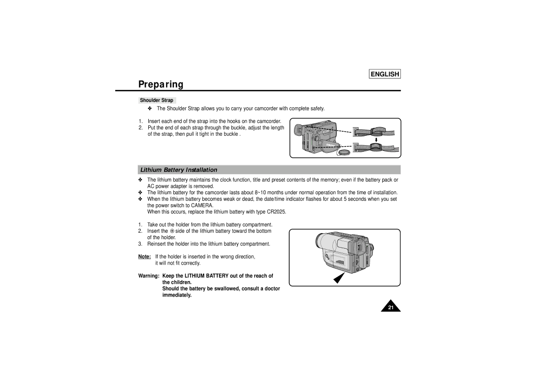 Samsung SCL770, SCL750, SCL710, SCL700 manual Lithium Battery Installation, Shoulder Strap 