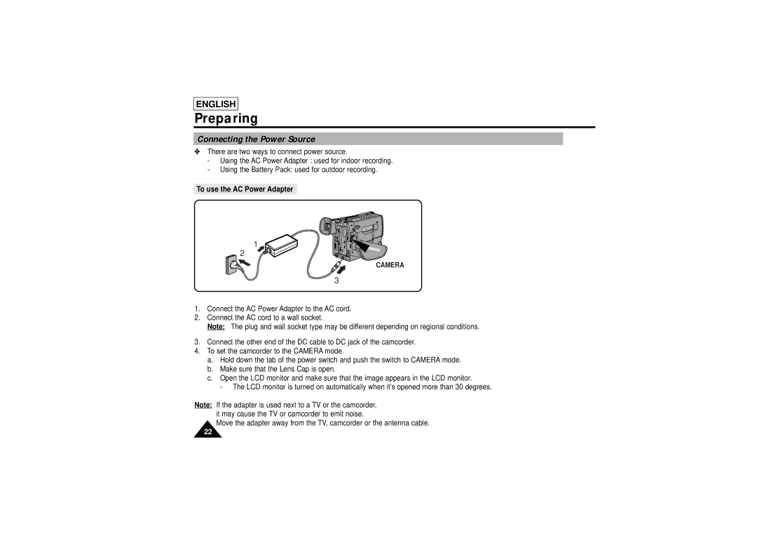 Samsung SCL710, SCL750, SCL770, SCL700 manual Connecting the Power Source, To use the AC Power Adapter 