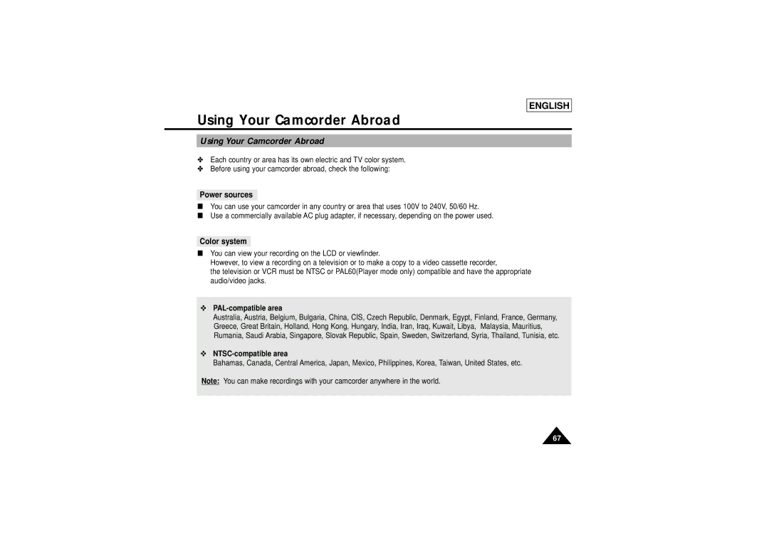 Samsung SCL700, SCL750, SCL770, SCL710 manual Using Your Camcorder Abroad, Power sources, Color system 