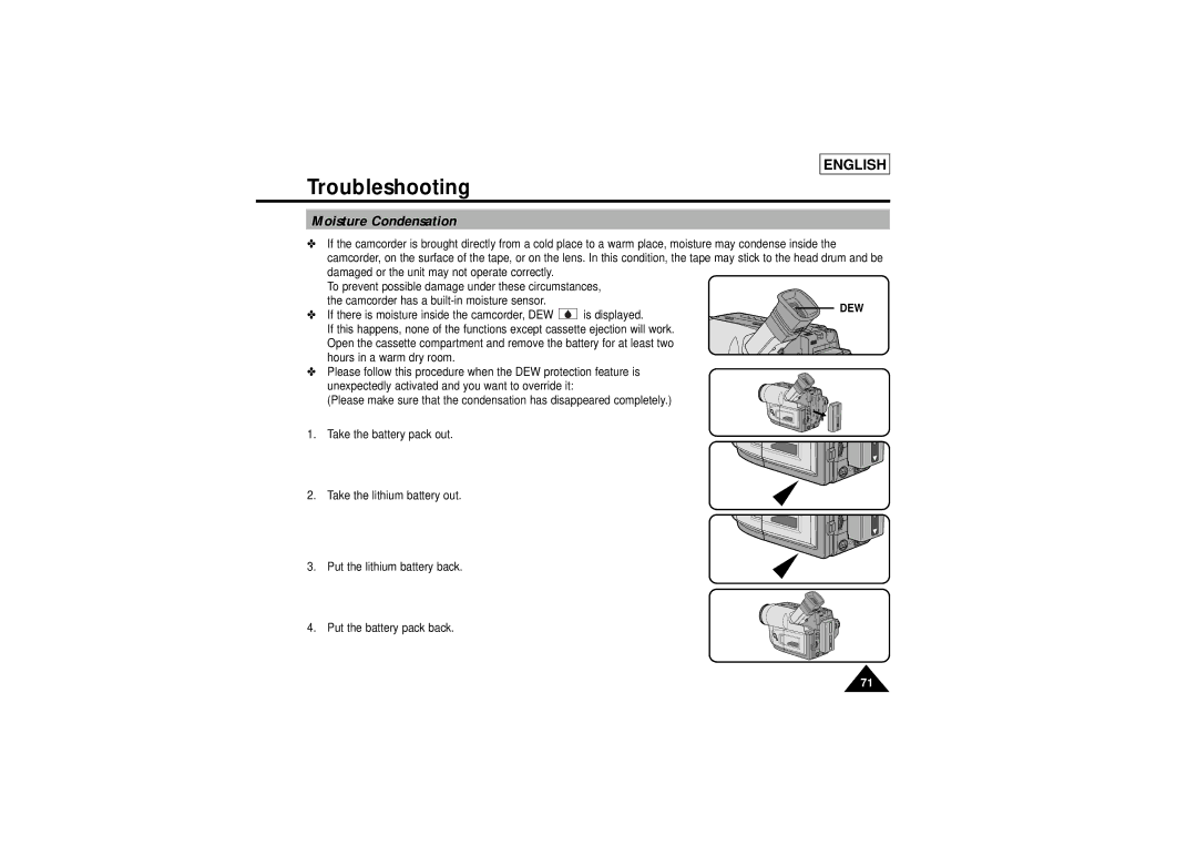 Samsung SCL700, SCL750, SCL770, SCL710 manual Moisture Condensation, Dew 