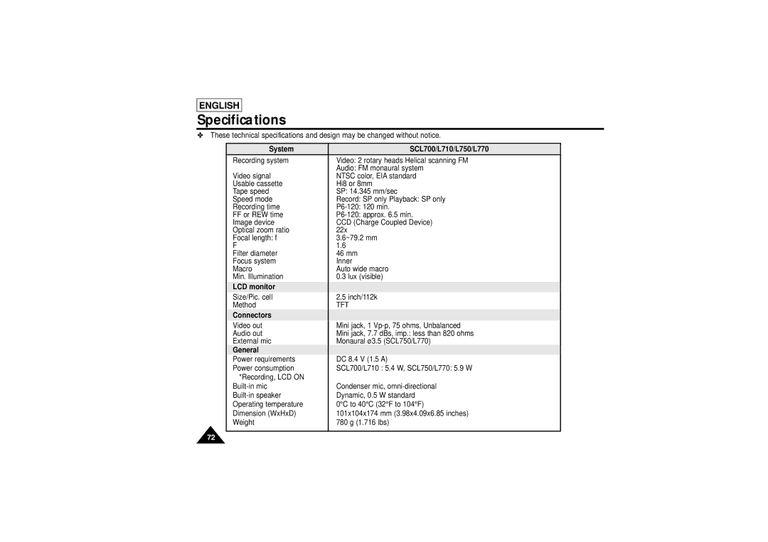 Samsung SCL750, SCL770, SCL710 manual Specifications, System SCL700/L710/L750/L770, LCD monitor, Connectors, General 