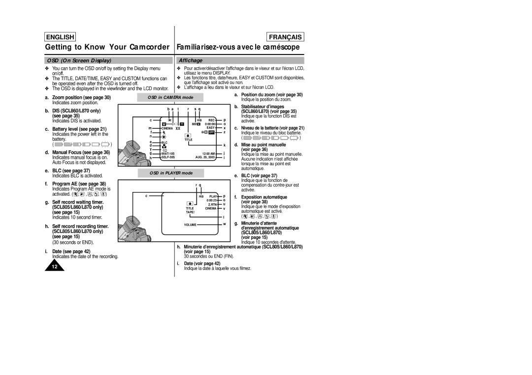 Samsung SCL805 manual OSD On Screen Display, Affichage 