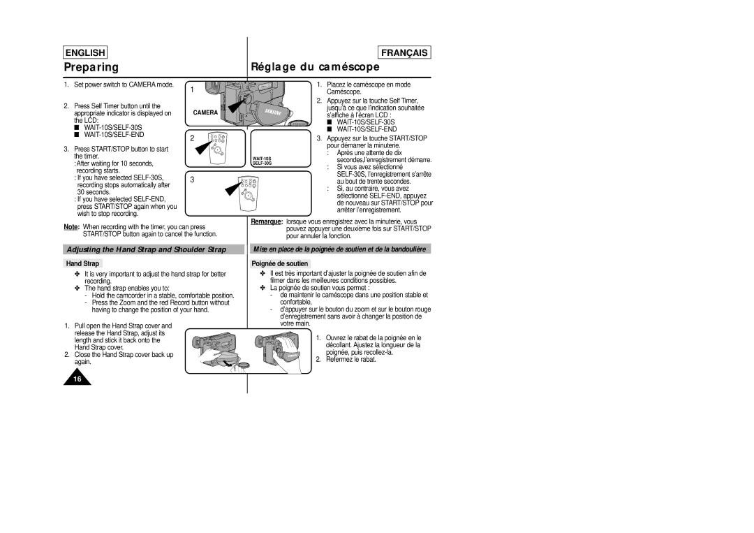 Samsung SCL805 manual Adjusting the Hand Strap and Shoulder Strap, WAIT-10S/SELF-30S WAIT-10S/SELF-END, Poignée de soutien 