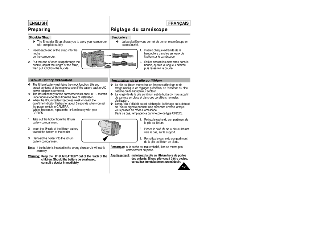 Samsung SCL805 manual Lithium Battery Installation, Installation de la pile au lithium, Shoulder Strap, Bandoulière 