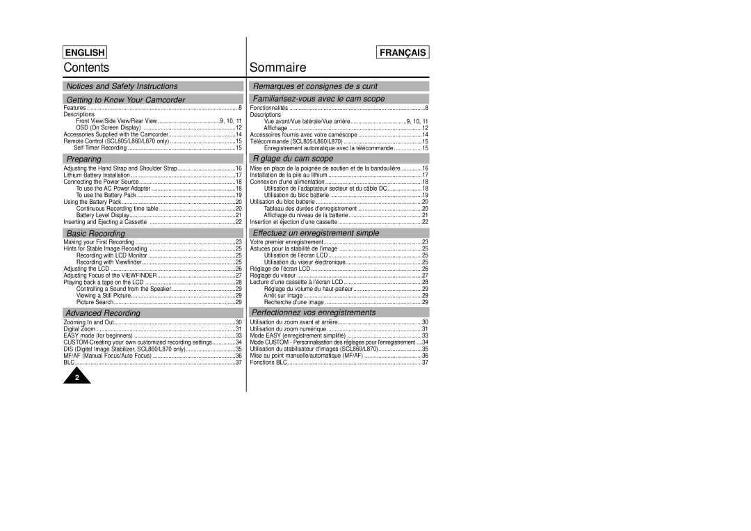 Samsung SCL805 manual ContentsSommaire 