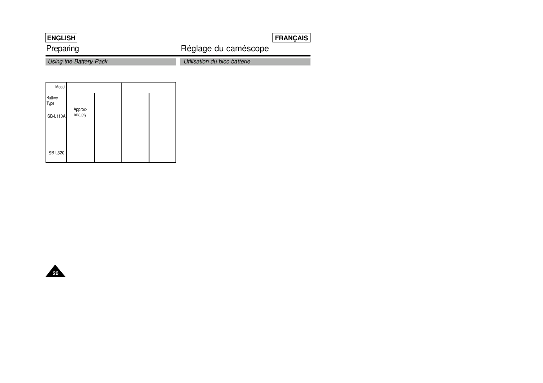 Samsung SCL805 manual Using the Battery Pack Utilisation du bloc batterie, Battery type, Remarques, Le type de batterie 