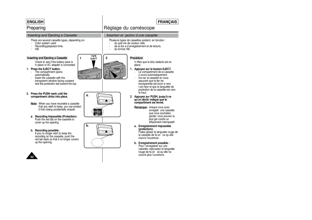 Samsung SCL805 manual Inserting and Ejecting a Cassette, Insertion et éjection d’une cassette 