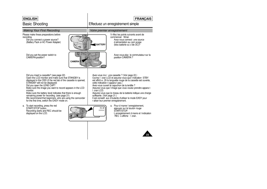 Samsung SCL805 manual Making Your First Recording, Votre premier enregistrement, Start/Stop 