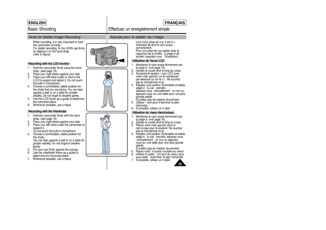 Samsung SCL805 manual Hints for Stable Image Recording, Astuces pour la stabilité de l’image 