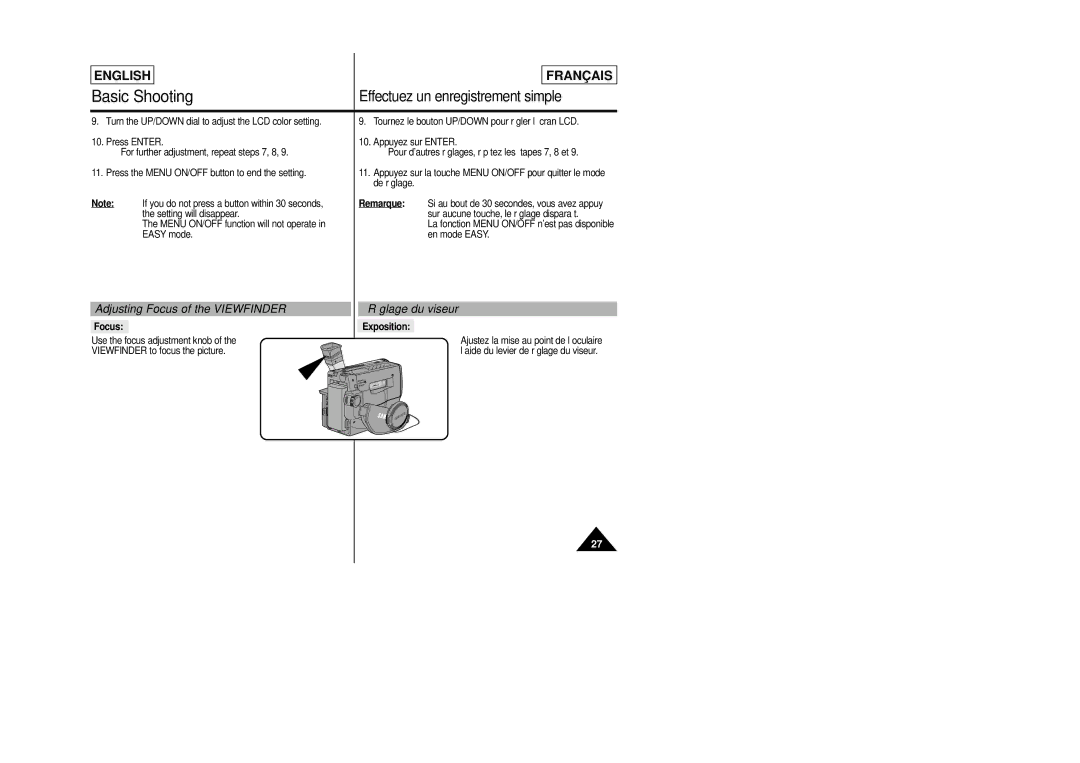 Samsung SCL805 manual Adjusting Focus of the Viewfinder, La fonction Menu ON/OFF nest pas disponible en mode Easy 