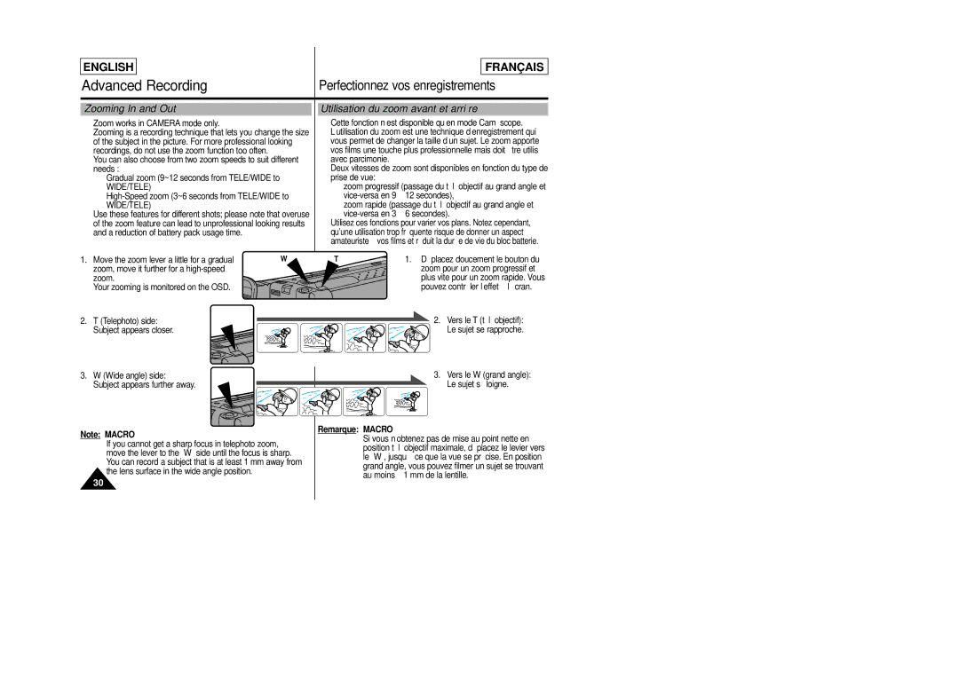 Samsung SCL805 Zooming In and Out, Utilisation du zoom avant et arrière, Zoom works in Camera mode only, Remarque Macro 