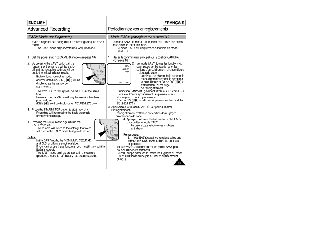 Samsung SCL805 manual Easy Mode for Beginners, Mode Easy enregistrement simplifié, Camera 