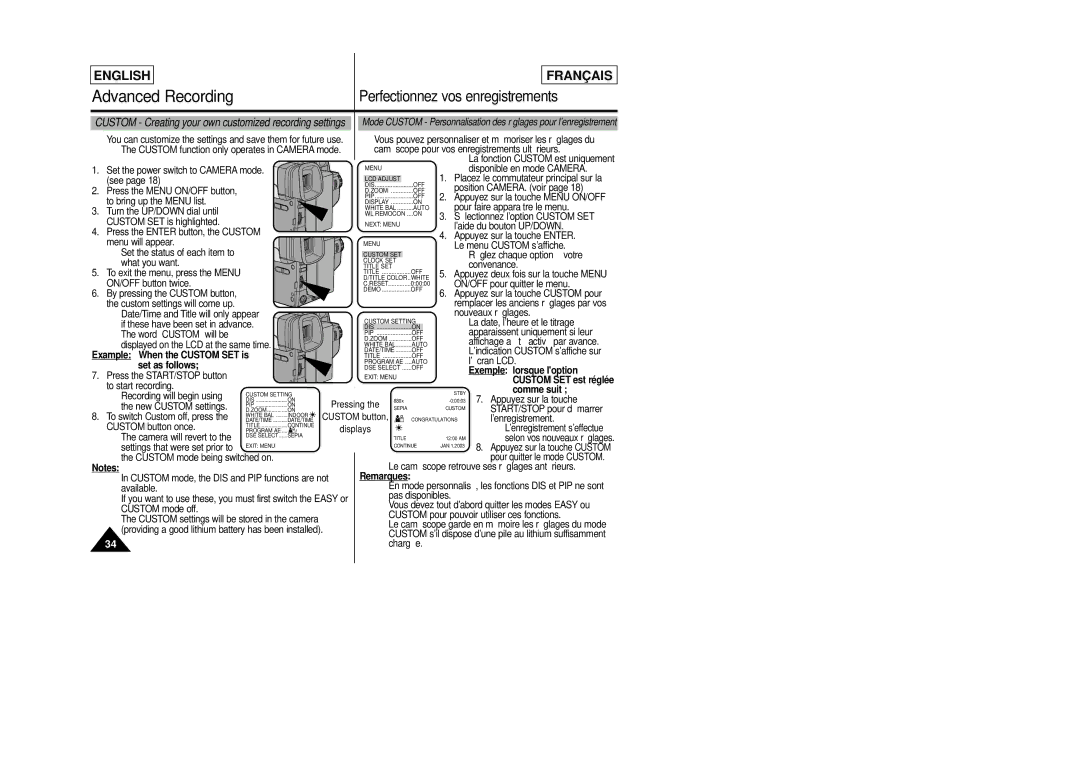 Samsung SCL805 manual Example When the Custom SET is set as follows, Exemple lorsque loption, Comme suit 