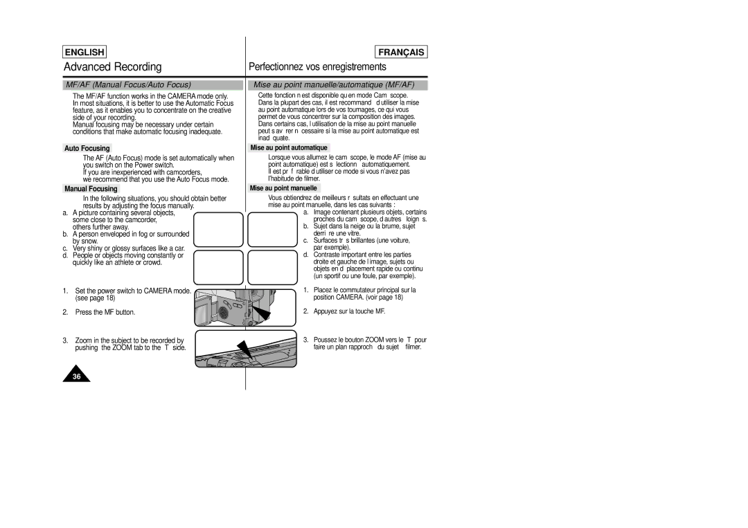 Samsung SCL805 manual MF/AF Manual Focus/Auto Focus, Mise au point manuelle/automatique MF/AF 