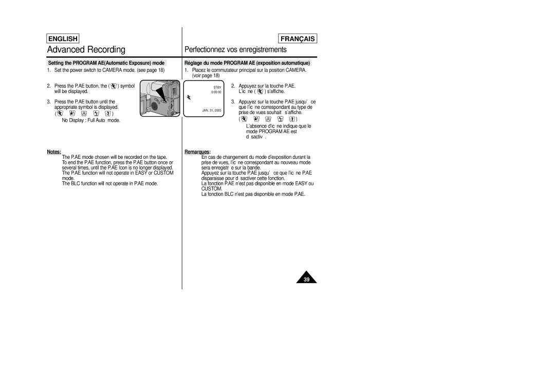 Samsung SCL805 Setting the Program AEAutomatic Exposure mode, Réglage du mode Program AE exposition automatique, Custom 