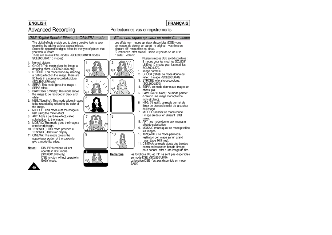 Samsung SCL805 manual DSE Digital Special Effects in Camera mode, Effets numériques spéciaux en mode Caméscope 