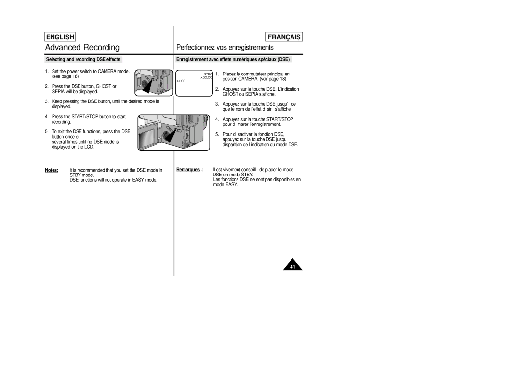 Samsung SCL805 manual Selecting and recording DSE effects, Enregistrement avec effets numériques spéciaux DSE 