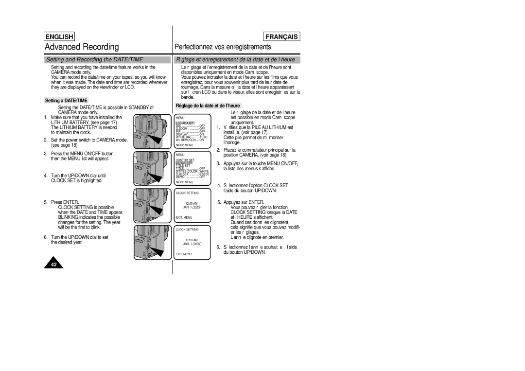 Samsung SCL805 manual Setting and Recording the DATE/TIME, Setting a DATE/TIME, Réglage de la date et de l’heure 