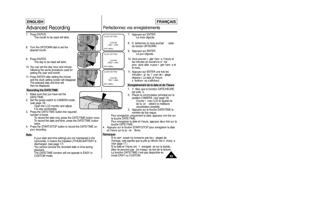 Samsung SCL805 manual Remarque, To record the date only, press the DATE/TIME button once 