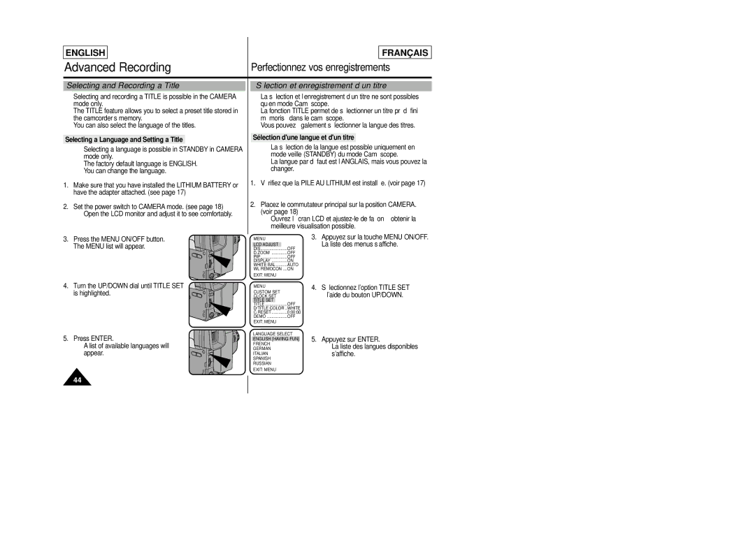 Samsung SCL805 Selecting and Recording a Title, Sélection et enregistrement d’un titre, Sélection dune langue et dun titre 