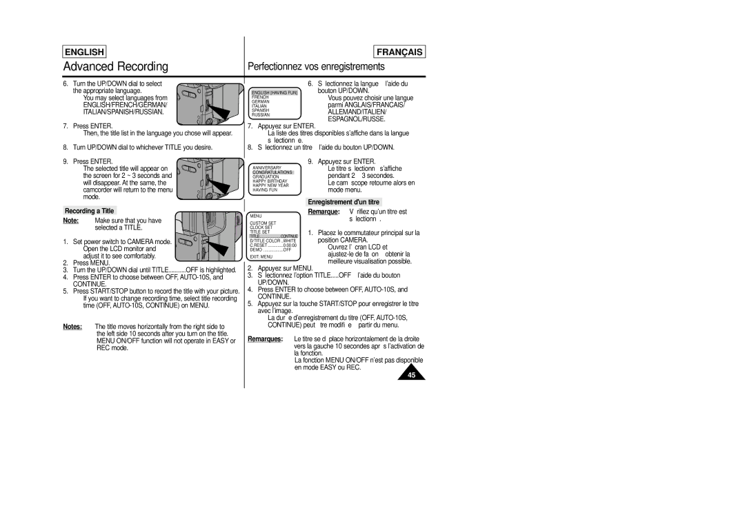 Samsung SCL805 manual English/French/German Italian/Spanish/Russian, Recording a Title, Enregistrement dun titre, Continue 