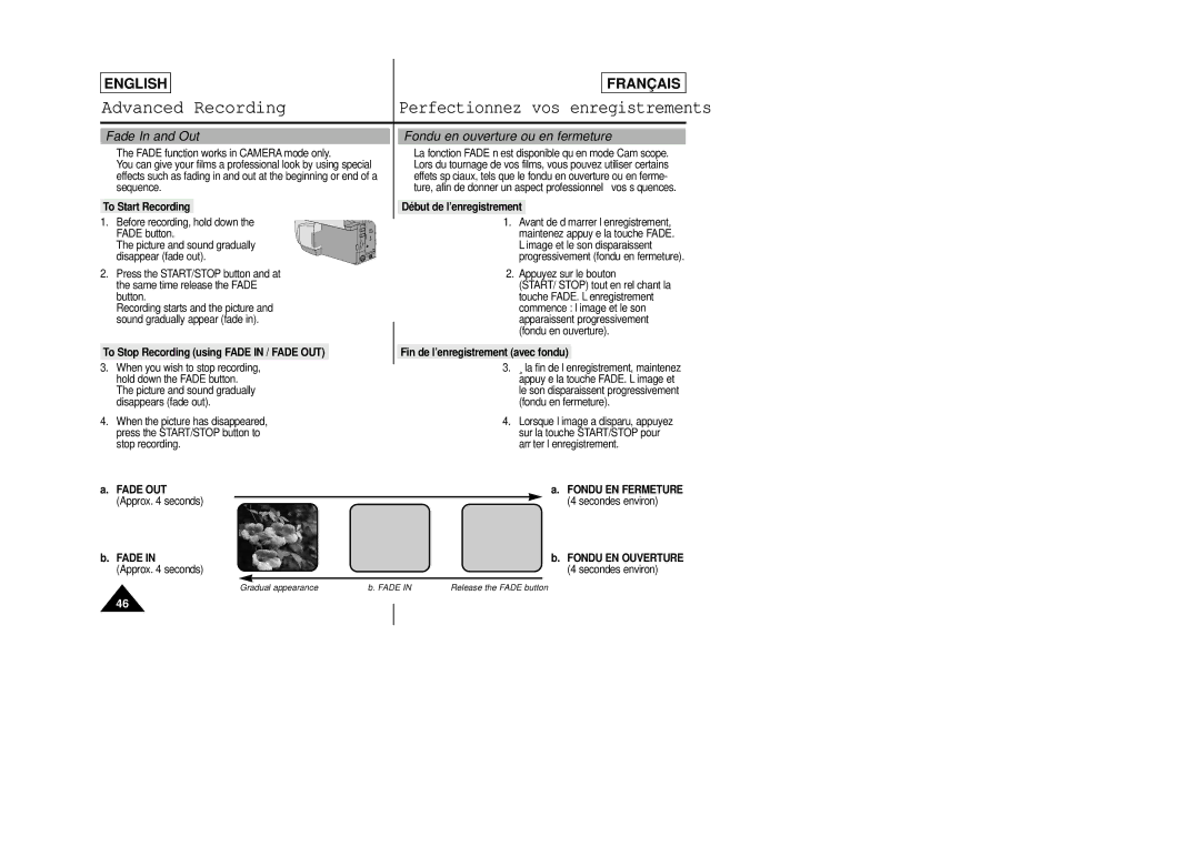 Samsung SCL805 manual Fade In and Out, Fondu en ouverture ou en fermeture, To Start Recording, Début de l’enregistrement 