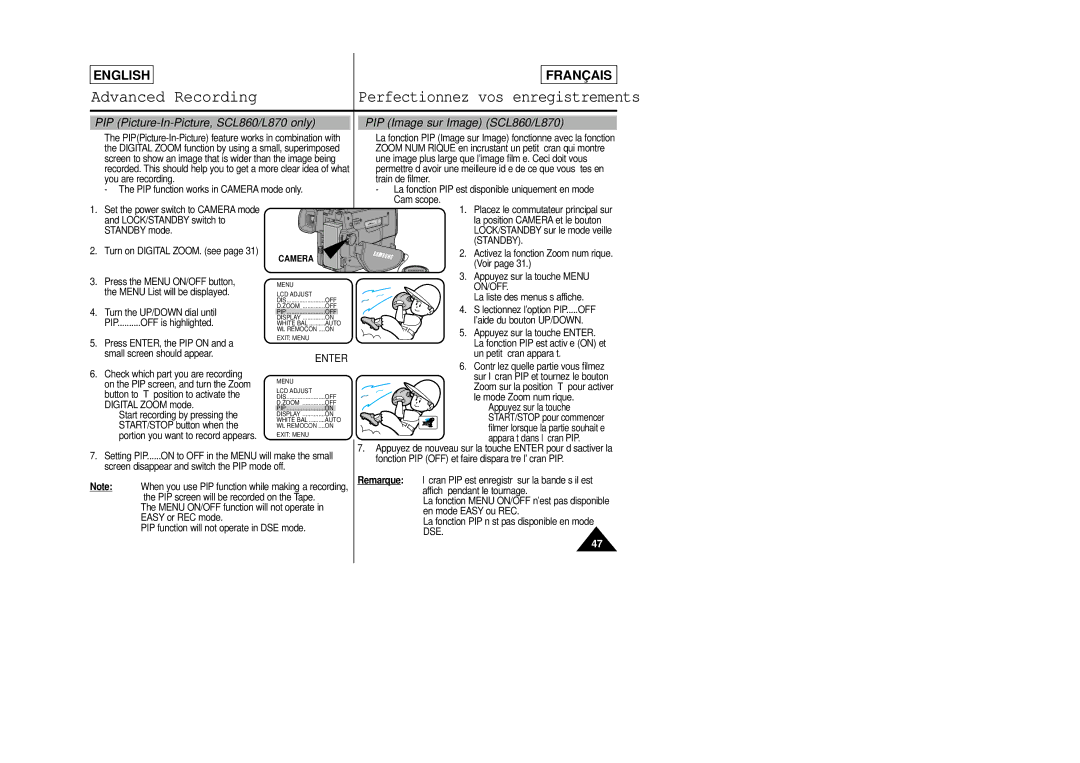 Samsung SCL805 manual PIP Picture-In-Picture, SCL860/L870 only, PIP Image sur Image SCL860/L870, Turn on Digital ZOOM. see 