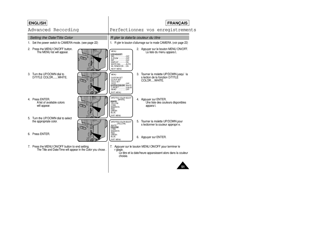 Samsung SCL805 manual Set the power switch to Camera mode. see, Title and Date/Time will appear in the Color you chose 