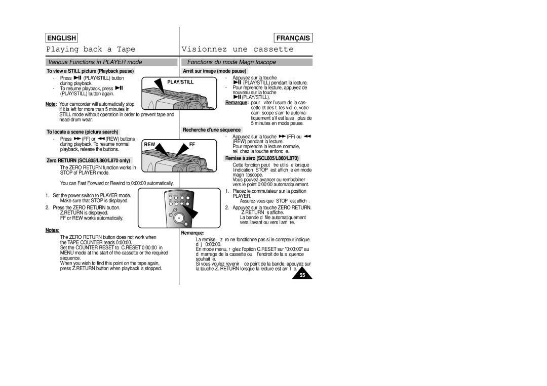 Samsung manual To locate a scene picture search Recherche d’une séquence, Remise à zéro SCL805/L860/L870 