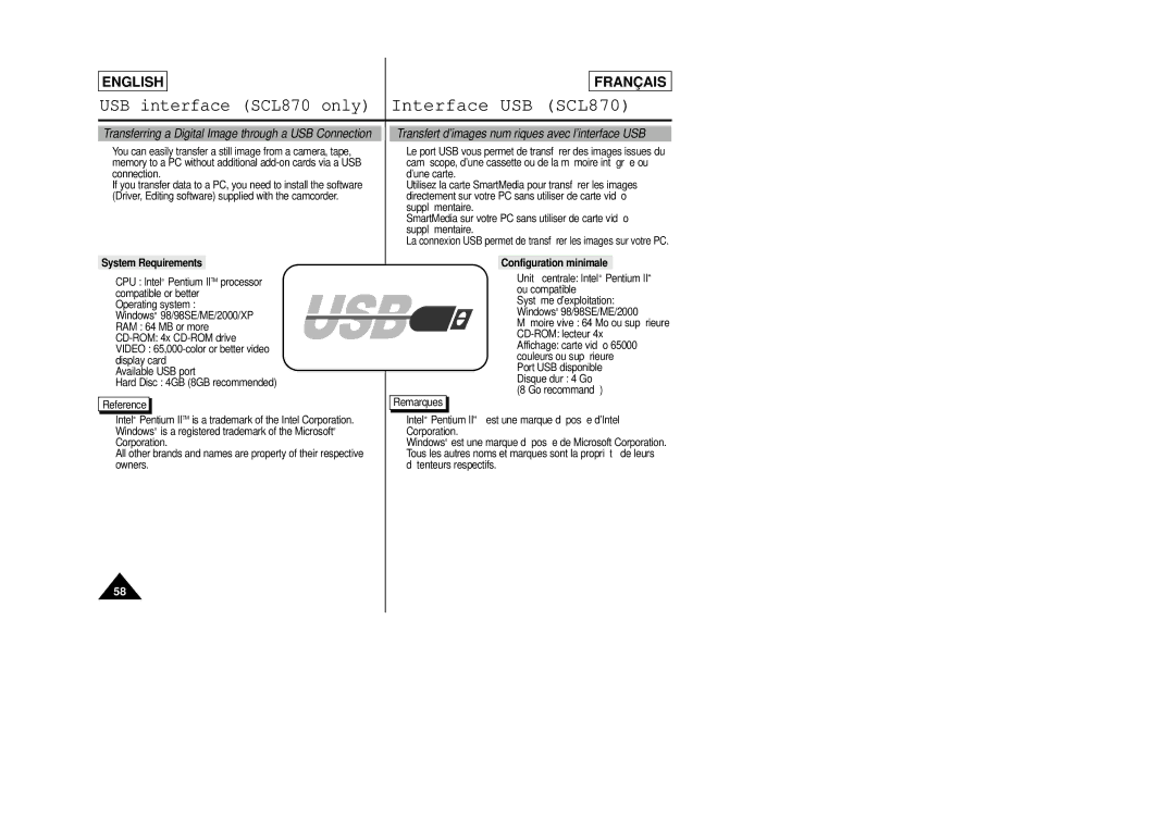 Samsung SCL805 manual Transferring a Digital Image through a USB Connection, System Requirements, Configuration minimale 