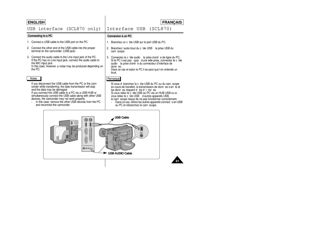 Samsung SCL805 manual Connecting to a PC, Connexion à un PC, Connect the audio cable to the Line input jack of the PC 