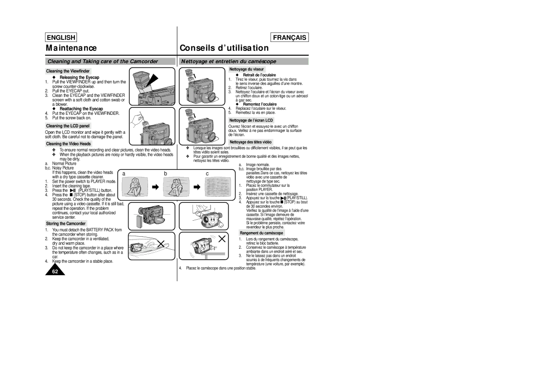 Samsung SCL805 manual Cleaning and Taking care of the Camcorder, Nettoyage et entretien du caméscope 