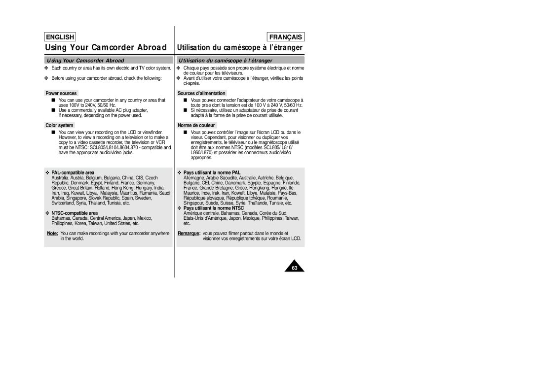 Samsung SCL805 manual Power sources, Color system Sources d’alimentation, Norme de couleur, PAL-compatible area 