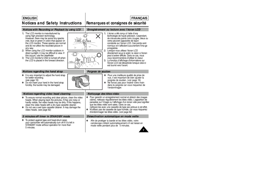 Samsung SCL805 manual Enregistrement ou lecture avec l’écran LCD, Poignée de soutien, Minutes off timer in Standby mode 