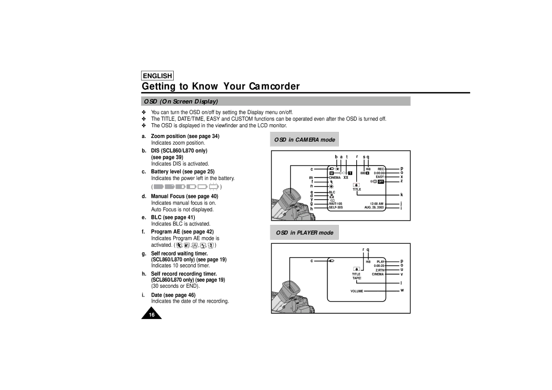 Samsung SCL810 manual OSD On Screen Display 