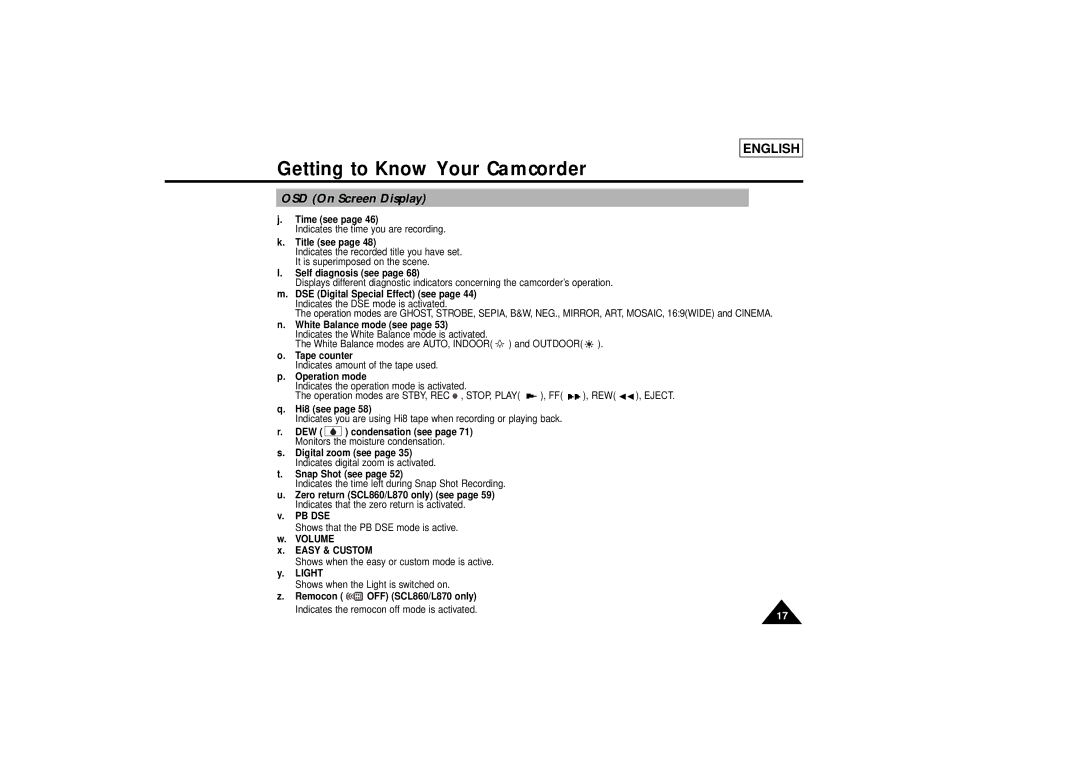 Samsung SCL810 manual Time see, Title see, Self diagnosis see, Tape counter, Operation mode, Hi8 see, Snap Shot see, Light 